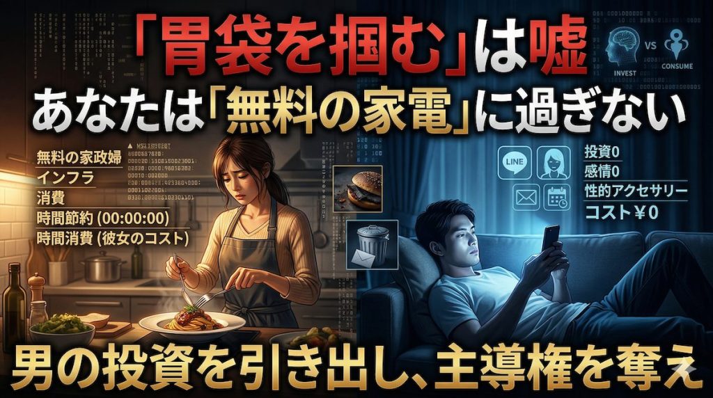 男性の隣でエプロン姿で料理をする女性と、その奥で無関心にスマホを見る男性。胃袋を掴む嘘と本命になれない女性の対比。