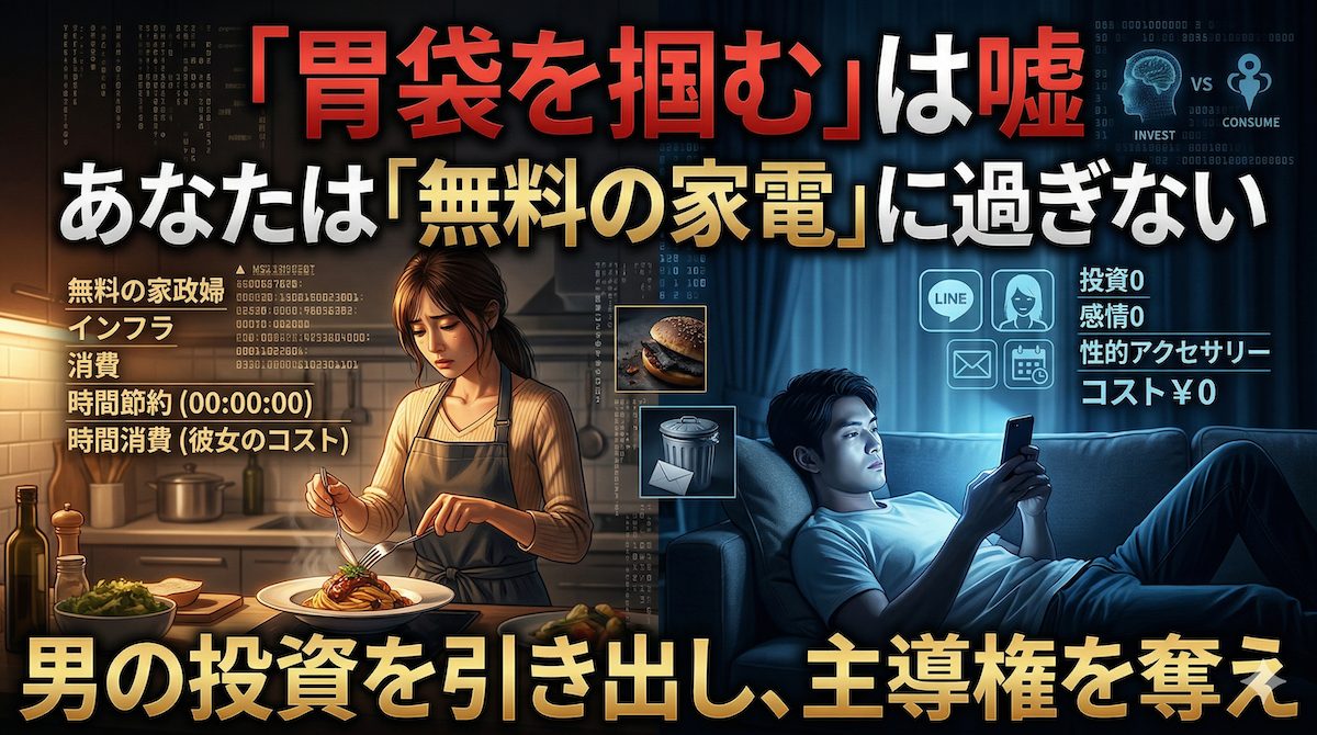 男性の隣でエプロン姿で料理をする女性と、その奥で無関心にスマホを見る男性。胃袋を掴む嘘と本命になれない女性の対比。