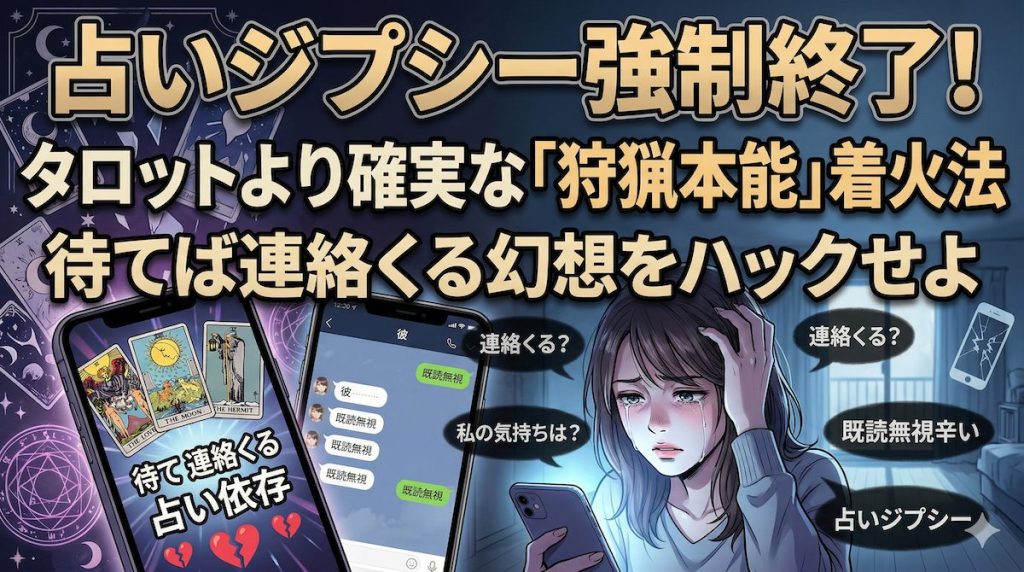 スマホの画面でタロット占いの結果にすがりつき、既読無視された男からの連絡を暗い部屋で待ち続ける女性