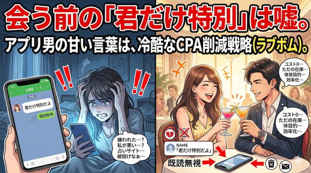 アプリで会う前から「好き」「特別」と甘いメッセージを送る男の裏の顔に気づかず、画面を見つめて頬を赤らめる女性