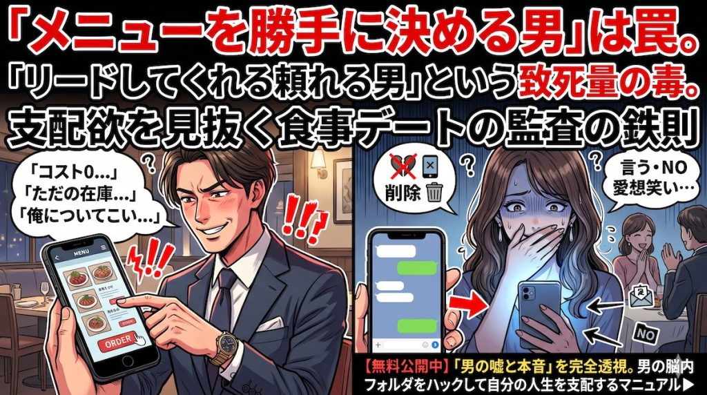 レストランで女性の意見を聞かずに勝手にメニューを注文する高圧的な男と、愛想笑いを浮かべながら本音を言えず萎縮している女性