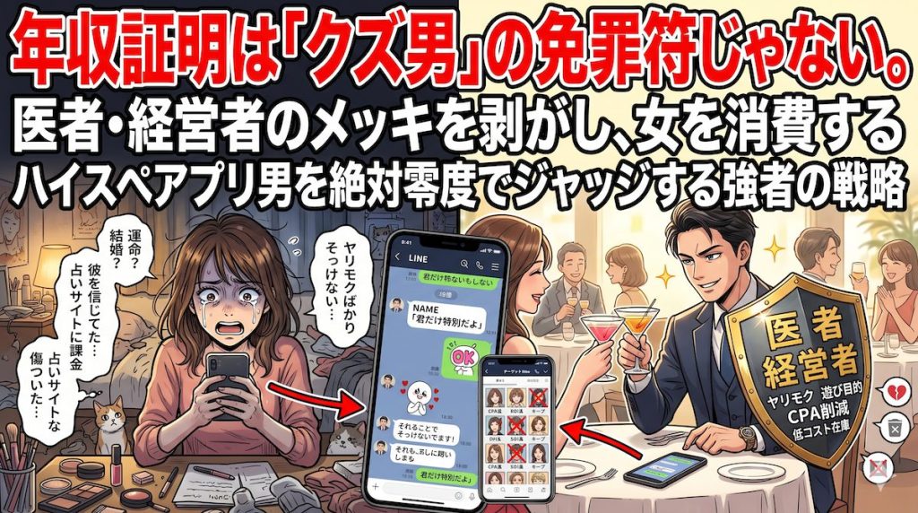アプリの医者・経営者などハイスペック男の肩書きに目が眩み、彼の冷酷なマルチタスク査定に気づかず傷つく女性と、肩書きを盾に別の女性を物色するハイスペ男