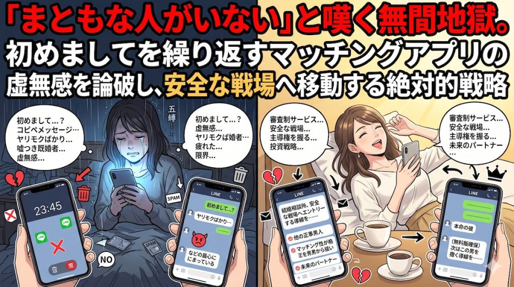 マッチングアプリで初めましてのメッセージを繰り返し、遊び目的の男ばかりの現実に疲れてスマホを持ったままベッドで涙を流す女性