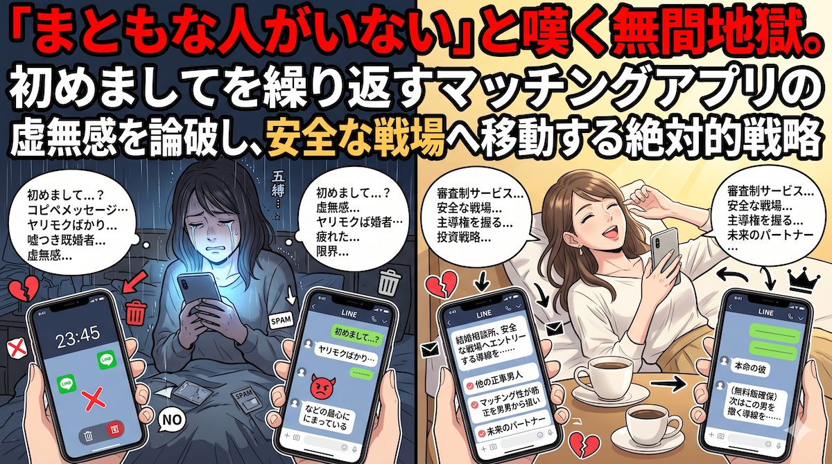 マッチングアプリで初めましてのメッセージを繰り返し、遊び目的の男ばかりの現実に疲れてスマホを持ったままベッドで涙を流す女性