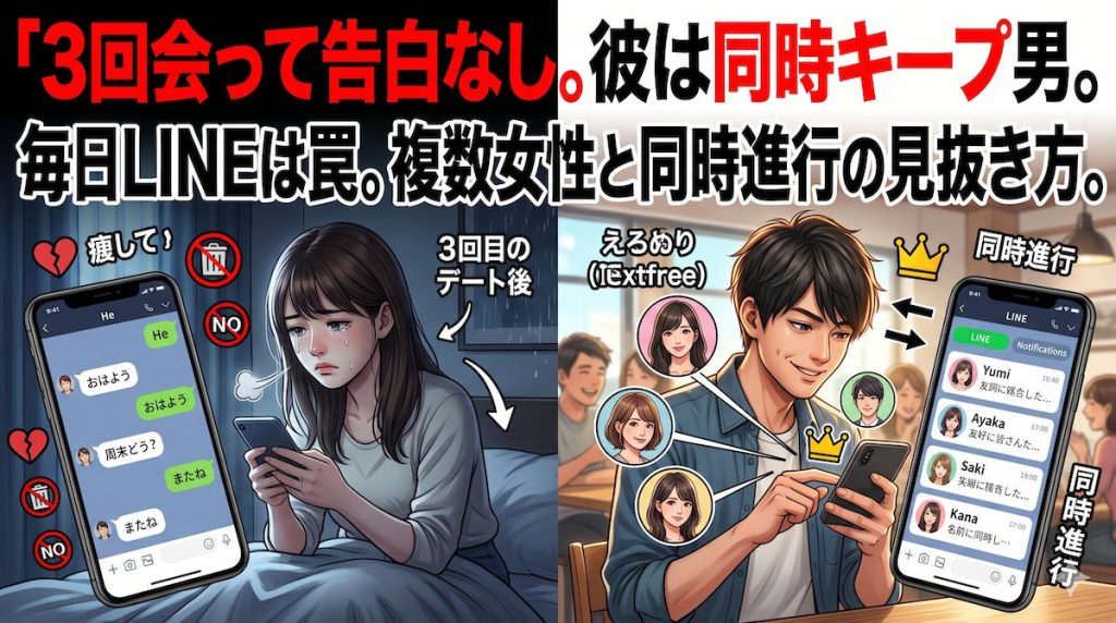 3回目のデート後も告白されず、毎日来る意味のないLINEを見つめてため息をつく女性と、同時進行で他の女性とも連絡を取るキープ目的の男