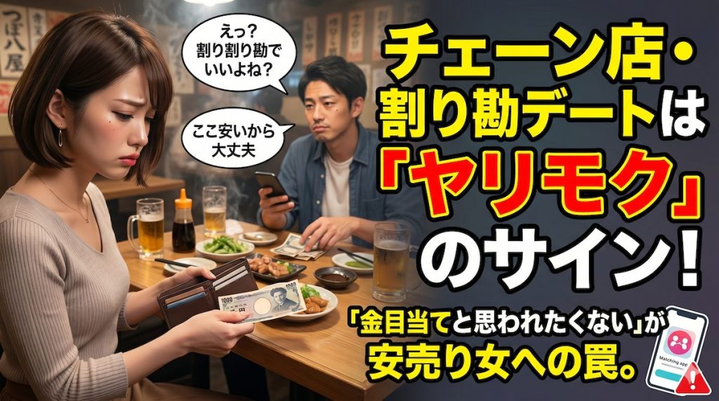 マッチングアプリの初回デートで安い居酒屋に連れて行かれ割り勘をする女性