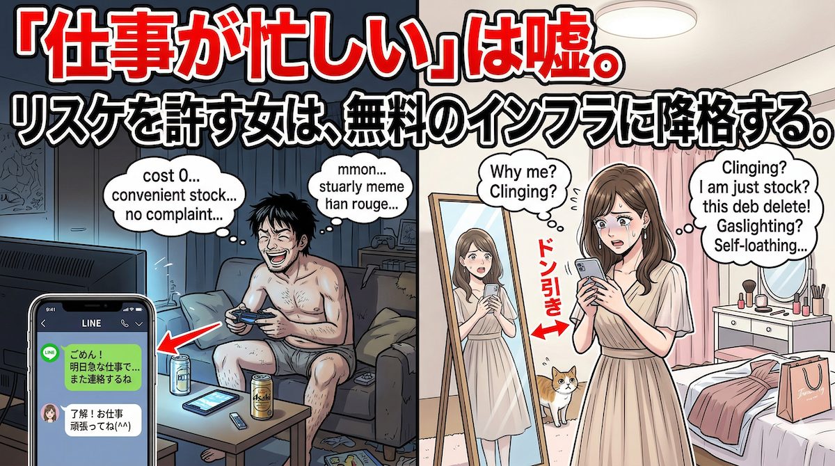 デート前日に「仕事が忙しい」とドタキャンLINEを送りながら家でゲームをしている男と、新しい服を用意してショックを受ける女性
