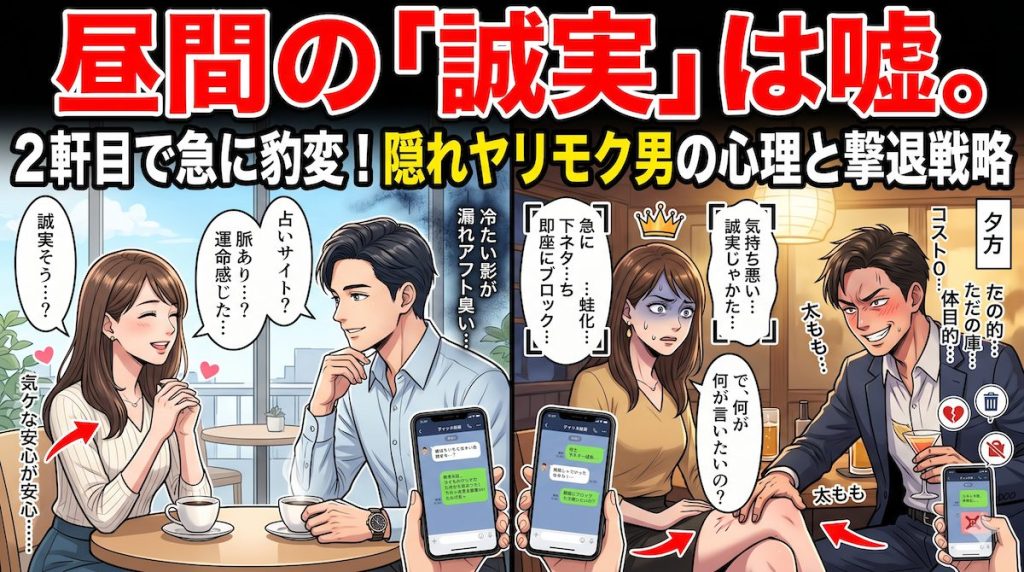 昼間のカフェでは紳士的だったのに、夕方のお酒の席で急に下ネタを言い出すアプリ男と、ドン引きして蛙化している女性