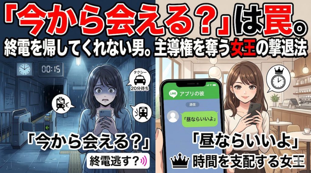 深夜にアプリの男から「今から会える？」とLINEが来て、終電を逃す恐怖と戦いながらスマホを見つめる女性
