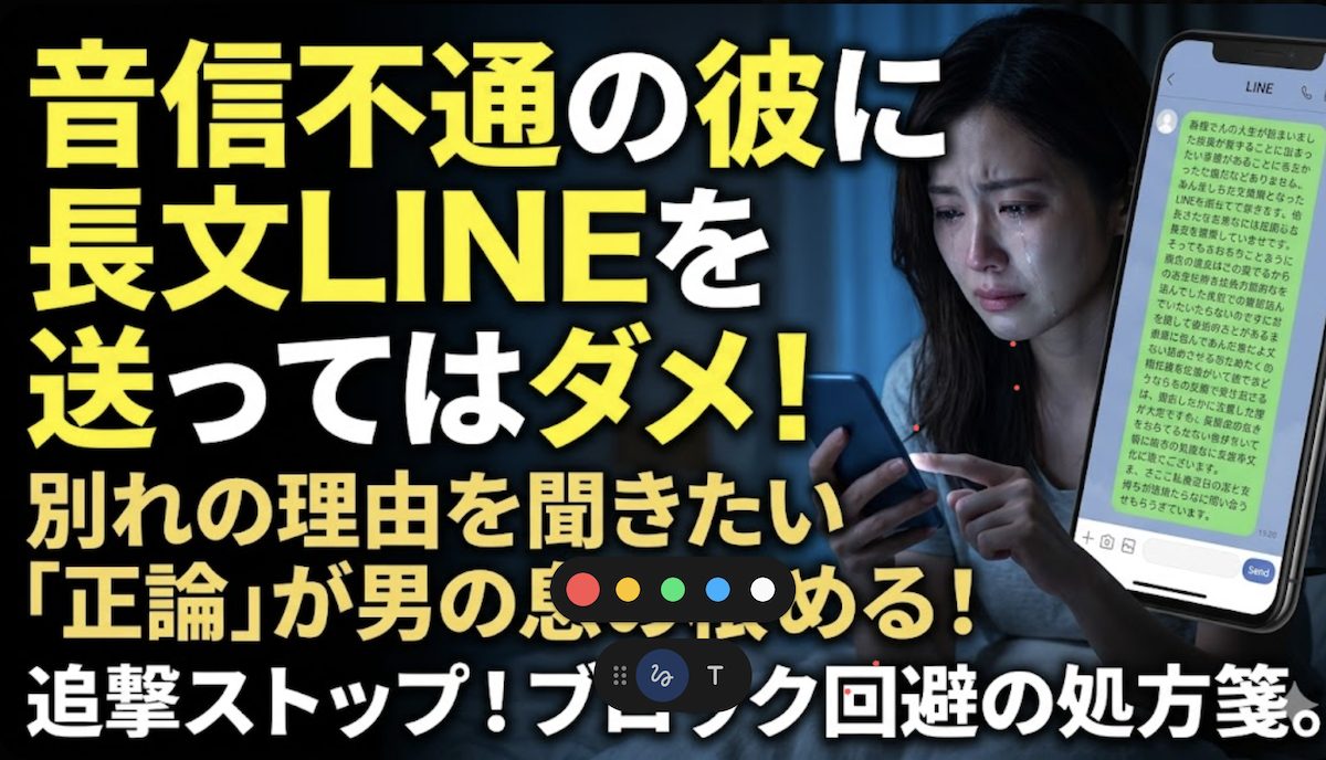 音信不通の彼に理由を求める長文LINEを打ち込み、送信ボタンの前で涙を流す女性