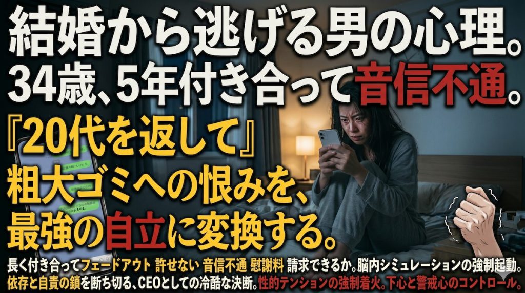 婚約指輪のパンフレットが散らばる薄暗い部屋で、既読のつかないスマホを握りしめながら20代の5年間を奪われた恨みに震え泣く34歳の女性