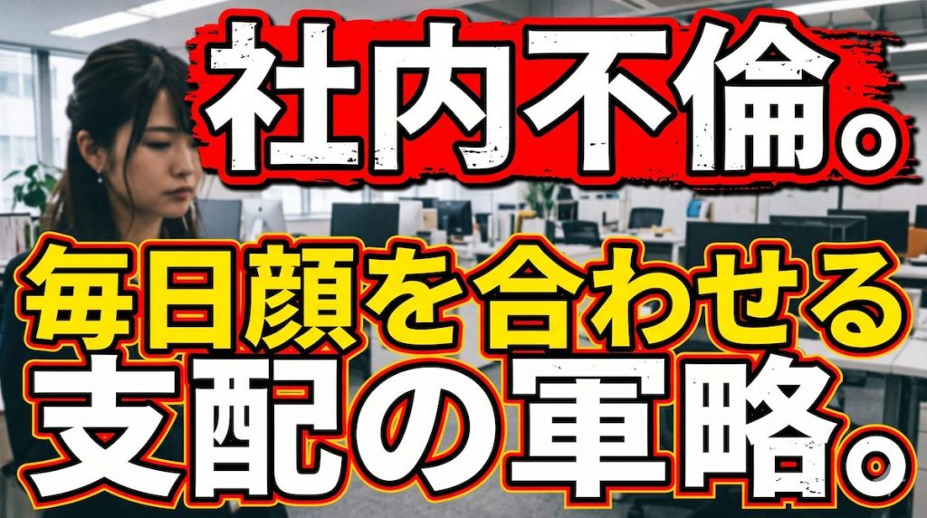 オフィスのデスクで、他の女性社員と笑顔で話す既婚上司の姿を、キーボードを叩く指を震わせながら見つめ、嫉妬と秘密の重圧に耐える女性の姿