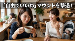 休日のカフェで既婚の友人から「自由でいいね」とマウントを取られ、冷めた紅茶を見つめながら引きつった愛想笑いで怒りとイライラを押し殺す独身女性