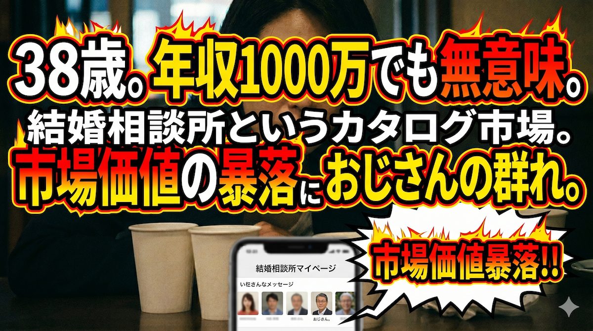 結婚相談所のマイページを開いたスマートフォンの画面に並ぶ一回り以上年上のおじさんのプロフィール写真を見つめ、自身の市場価値の暴落に絶望してため息をつく30代後半の女性の姿