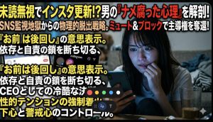 未読無視のLINE画面と更新された彼のインスタグラムのストーリーを交互に見比べ、スマホの青白い光に照らされながら悔しさに唇を噛む女性