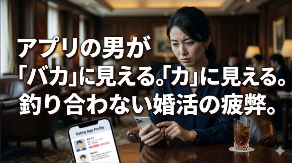 高級ホテルのラウンジで、スマートフォンの画面に映るマッチングアプリの男性プロフィールを、冷めた瞳とわずかに歪めた口元で眺め、婚活への深い疲弊と見下しを隠せない女性の姿