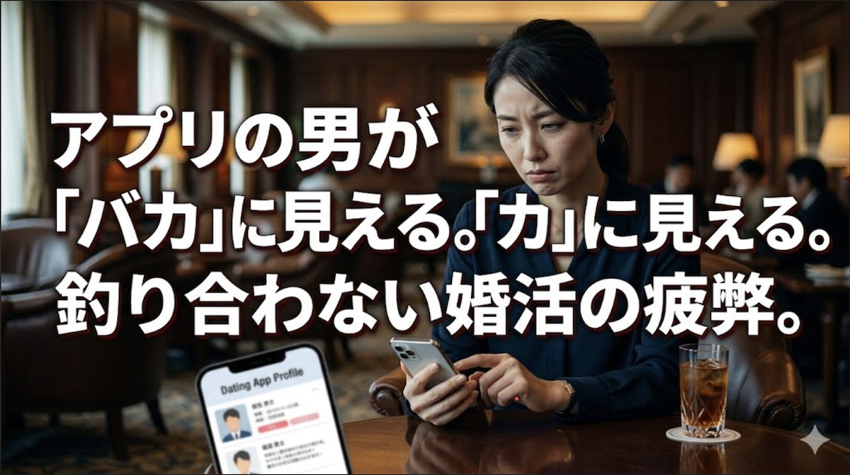 高級ホテルのラウンジで、スマートフォンの画面に映るマッチングアプリの男性プロフィールを、冷めた瞳とわずかに歪めた口元で眺め、婚活への深い疲弊と見下しを隠せない女性の姿