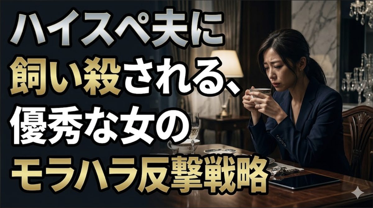 高級なダイニングテーブルの端で冷え切った紅茶のカップを握りしめ、ハイスペック夫からのモラハラ発言と経済的DVの支配に耐えながら、自身のキャリアを否定されトロフィーとして飼い殺される辛さに静かに絶望する優秀な女性の姿