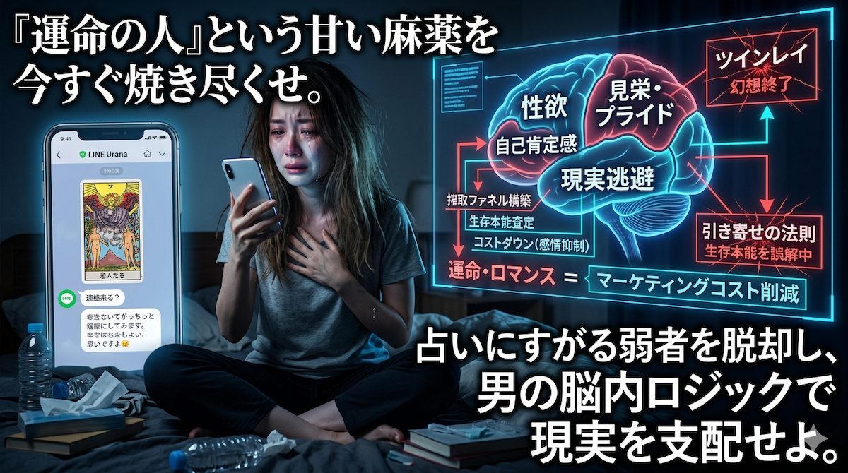 深夜に薄暗い部屋でスマホの占い画面を見つめて涙を流す女性をよそに、その背後で男の脳内ロジックを冷徹に解剖するビジネスチャートがツインレイや引き寄せの幻想を粉砕している残酷な光景