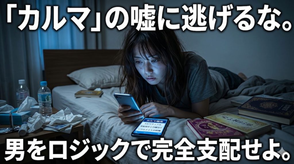 浮気されたショックからカルマやスピリチュアル占いの画面を虚ろな目で見つめる女性の姿