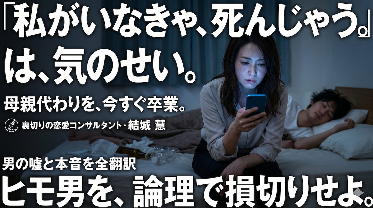 眠るヒモ彼氏の横で、罪悪感と疲労に苛まれながらスマートフォンを見るキャリアウーマンの女性