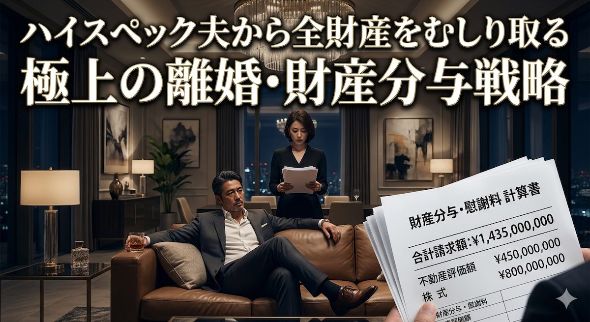 豪華なリビングでふんぞり返るハイスペック夫の背後で、冷徹な表情の妻が億単位の財産分与と慰謝料の計算書を握りしめている、静かで残酷な反逆の光景