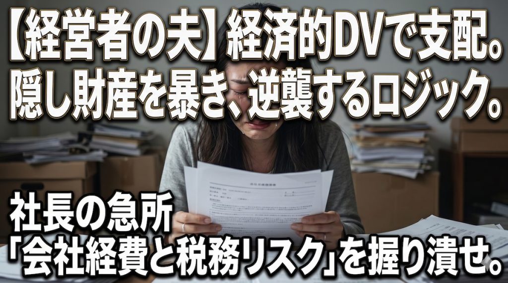 薄暗いダイニングで夫のクレジットカード履歴と会社の決算書を震える手で見つめる専業主婦