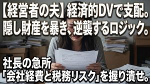 薄暗いダイニングで夫のクレジットカード履歴と会社の決算書を震える手で見つめる専業主婦