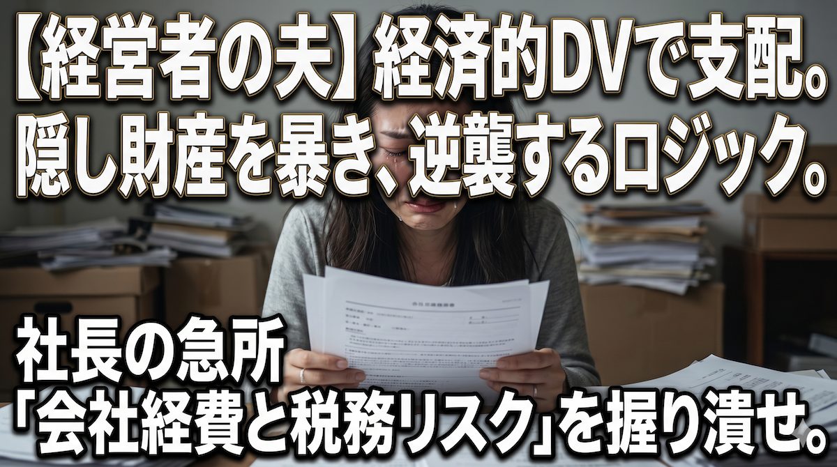薄暗いダイニングで夫のクレジットカード履歴と会社の決算書を震える手で見つめる専業主婦