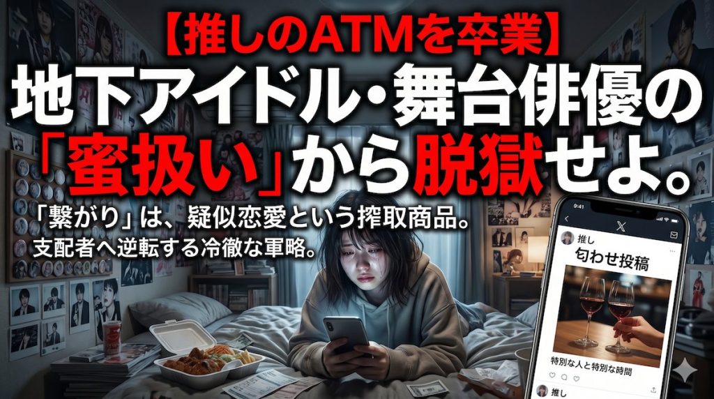 大量のグッズとチェキに囲まれた薄暗い部屋で、推しのSNSの匂わせ投稿を見て絶望する女性