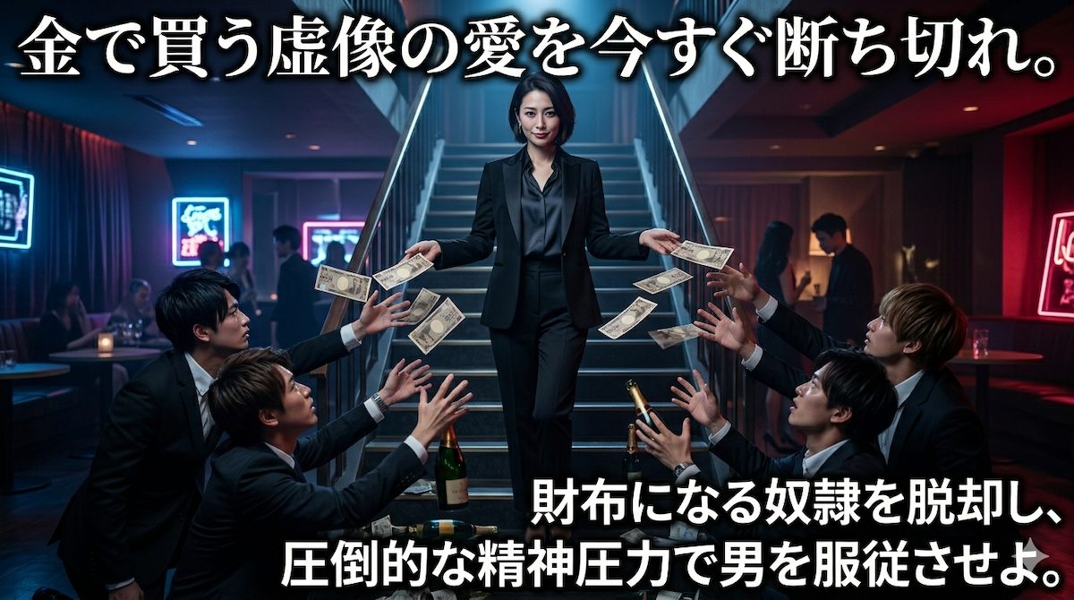 札束やシャンパンに群がる若い男たちを冷たく見下ろし、お金というインフラを断ち切って圧倒的な精神的圧力で彼らを服従させている女性の君臨する姿