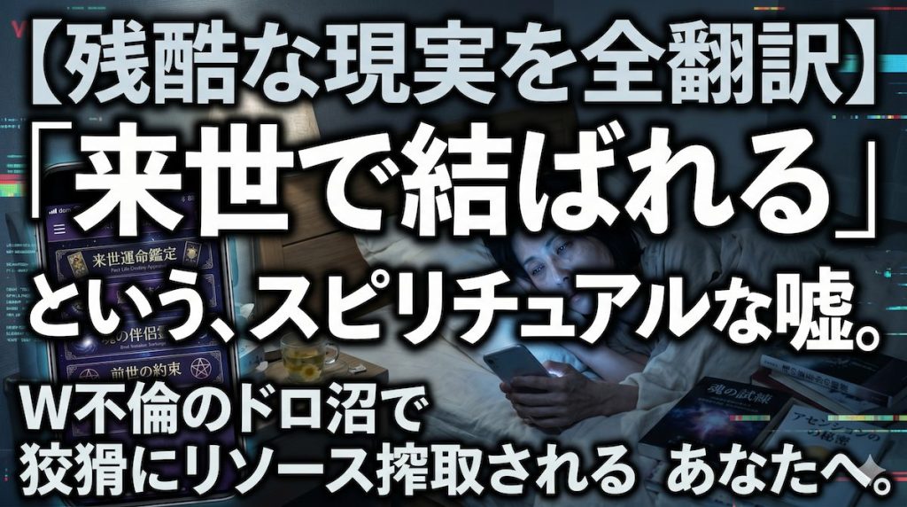 薄暗い部屋で既婚者の彼との来世を占い、スマートフォンの画面を虚ろな目で見つめる女性