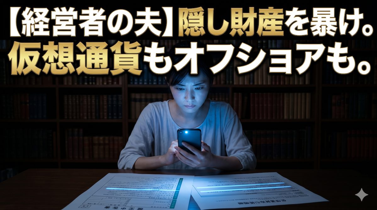 薄暗い書斎で夫の確定申告書と見知らぬ仮想通貨取引所の明細を青白いスマホの光で照らしながら見つめる妻