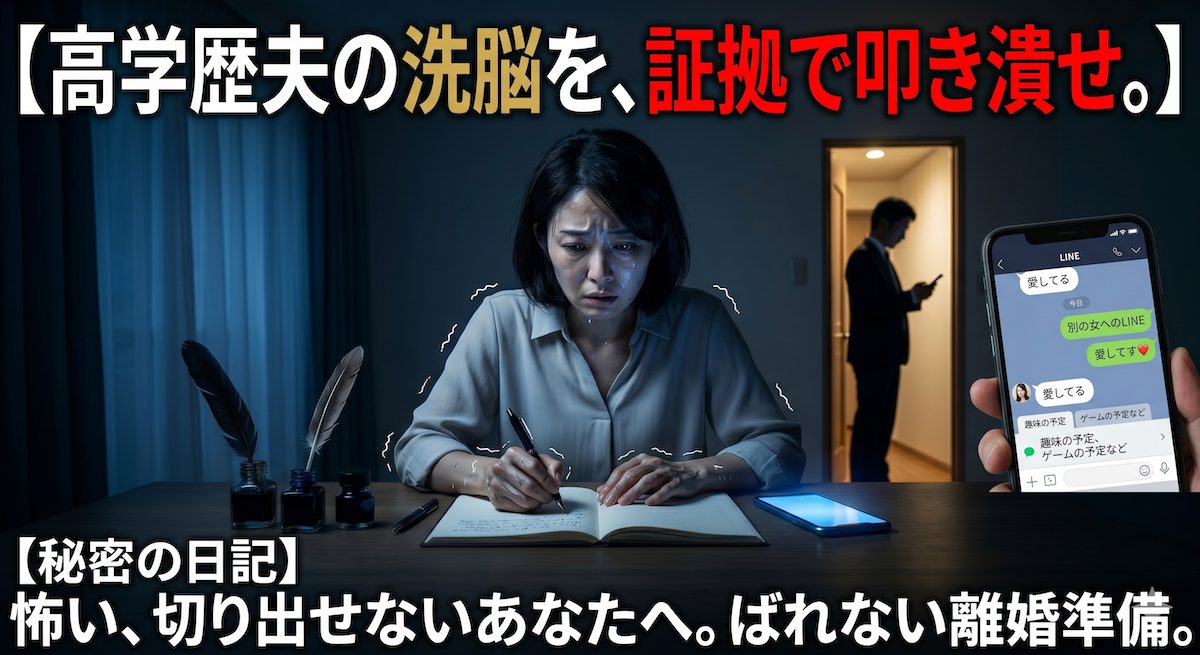 薄暗い書斎で高学歴夫からの論破とモラハラに怯えながら、ばれないように日記に証拠を書き留める妻