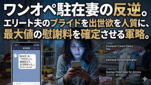 散らかった部屋で泣く子供を抱き抱えながら、夫の海外赴任先からの冷酷なメッセージをスマホで見つめる疲労困憊の駐在妻