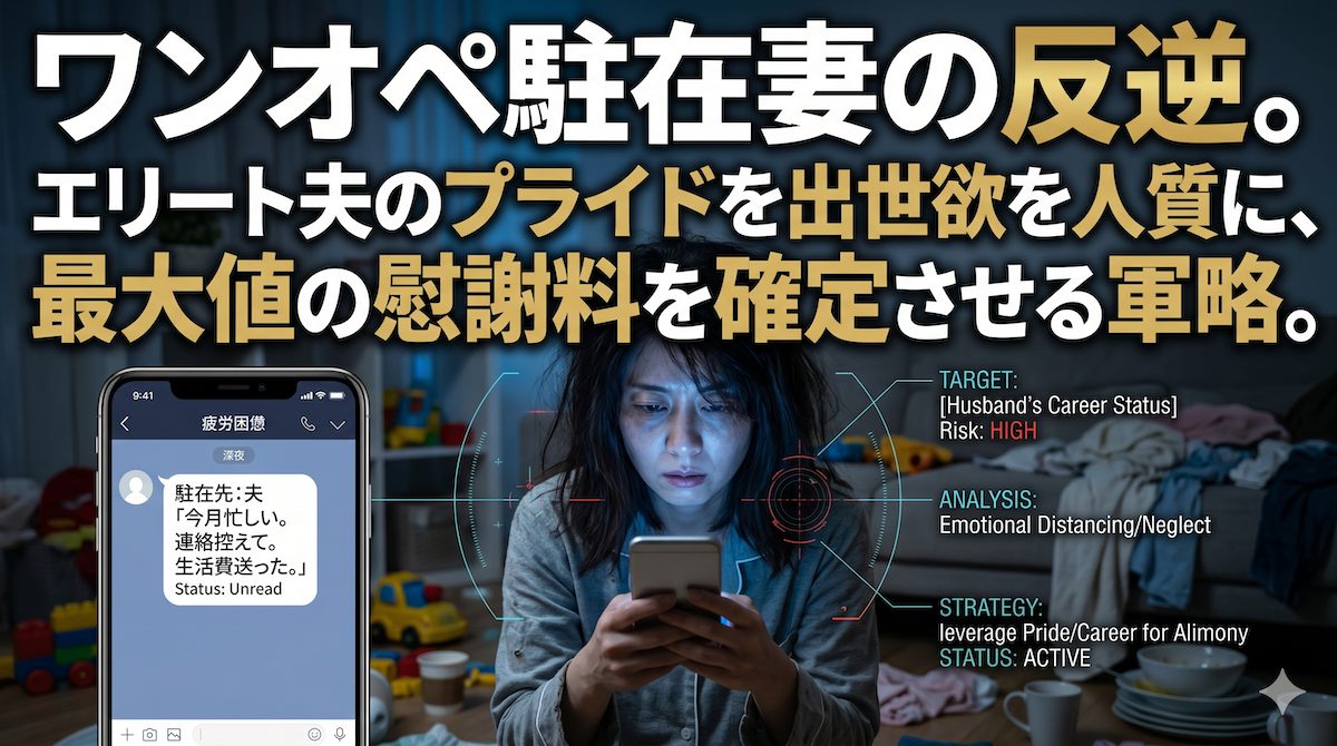 散らかった部屋で泣く子供を抱き抱えながら、夫の海外赴任先からの冷酷なメッセージをスマホで見つめる疲労困憊の駐在妻