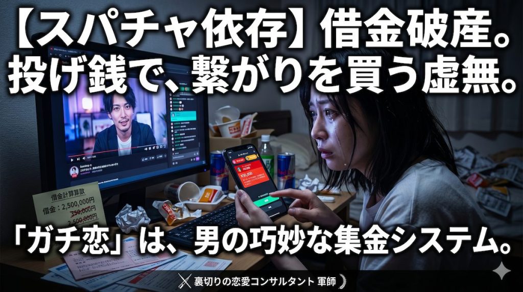 薄暗い部屋で配信画面を見つめながら震える指で高額スパチャを投げる借金まみれの女性