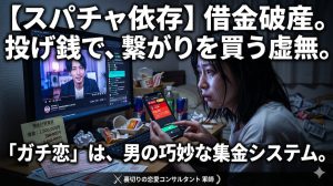 薄暗い部屋で配信画面を見つめながら震える指で高額スパチャを投げる借金まみれの女性