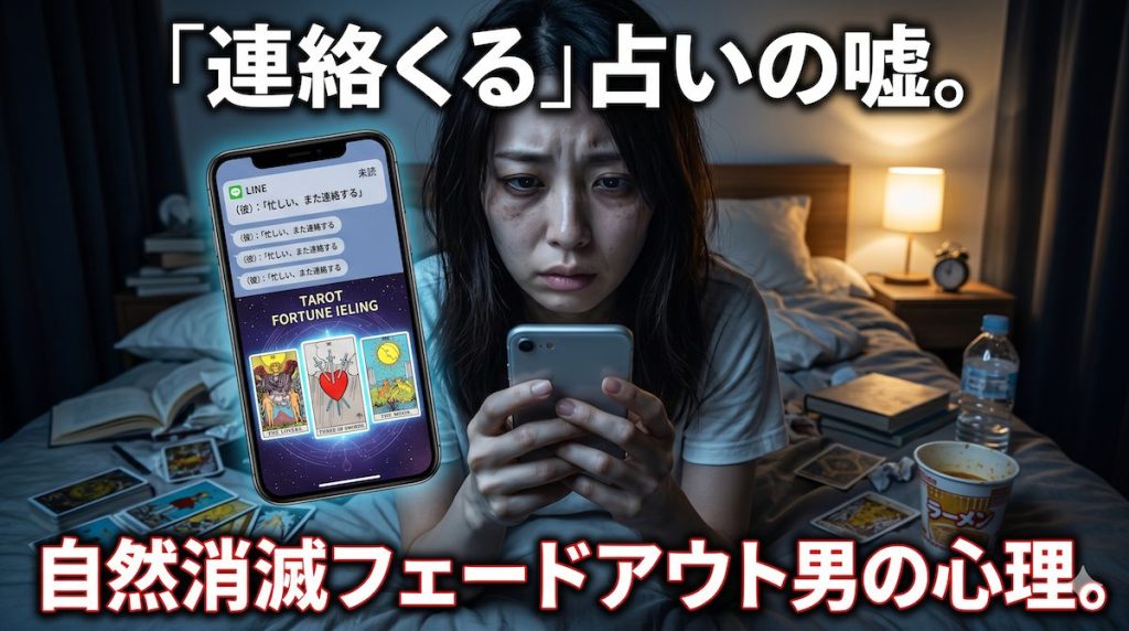 既読のつかないスマホ画面を握りしめ、タロット占いの結果にすがりつく女性の虚ろな表情