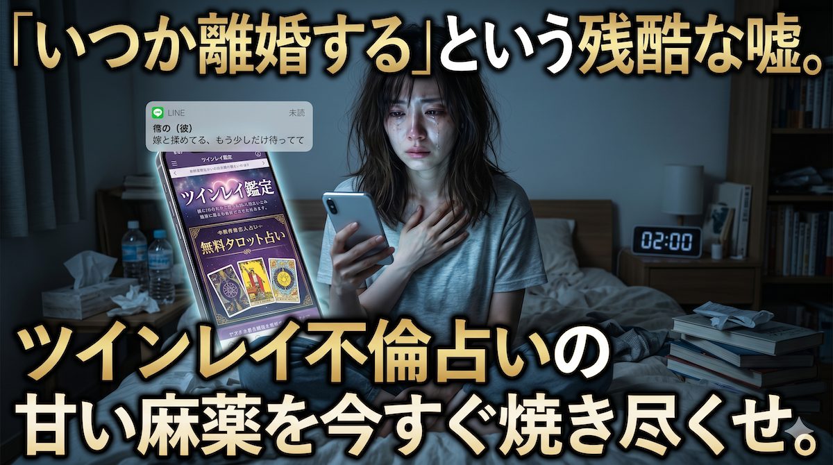 薄暗い部屋で不倫相手からの連絡を待ちながらスマートフォンの無料占いサイトを見つめる女性の姿