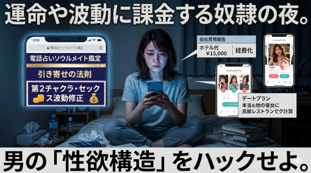 薄暗い部屋で都合のいい関係から抜け出すためにスマートフォンの電話占いサイトを見つめる女性の姿