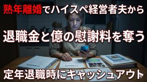 薄暗いダイニングキッチンで夫の定年退職の通知書と長年の不倫の証拠を並べ、冷たい瞳で熟年離婚の準備を進める50代の専業主婦