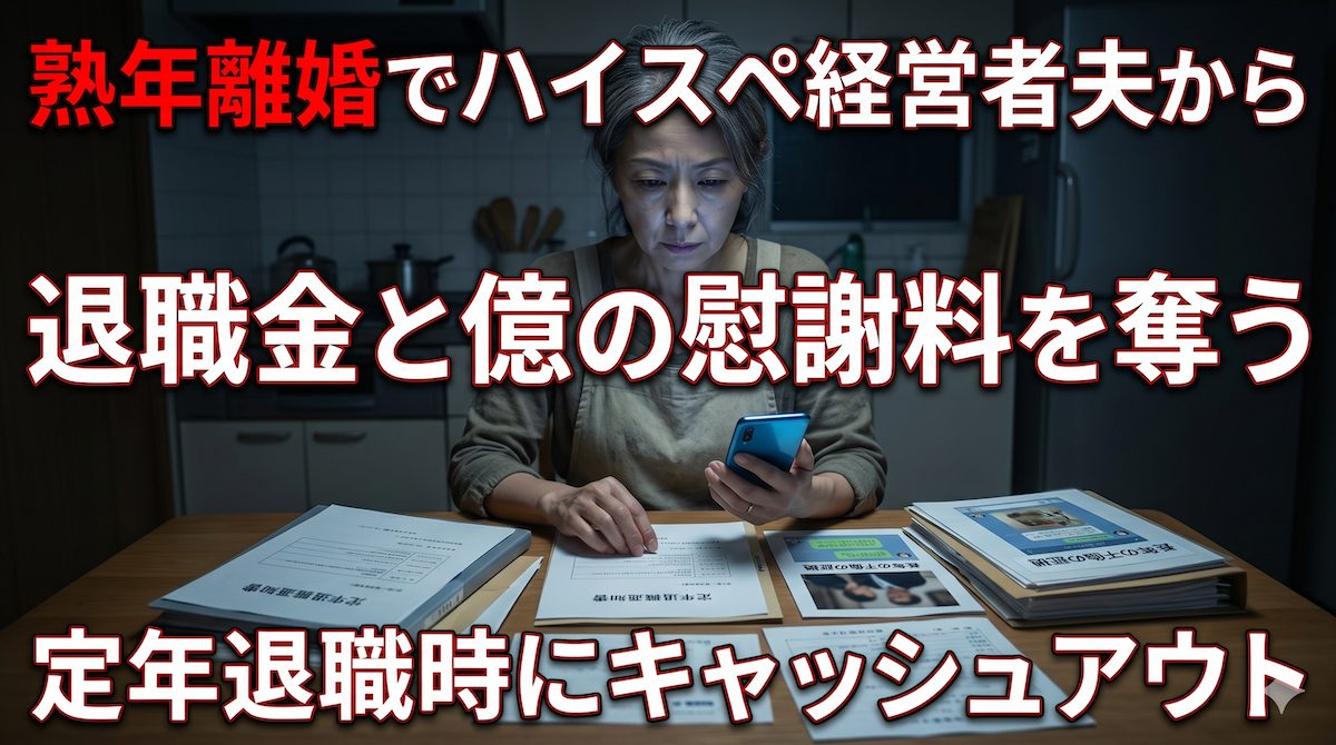 薄暗いダイニングキッチンで夫の定年退職の通知書と長年の不倫の証拠を並べ、冷たい瞳で熟年離婚の準備を進める50代の専業主婦