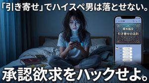 薄暗い部屋でハイスペック男性からの連絡を待ちながら風水や引き寄せ占いの画面を見つめる女性の姿