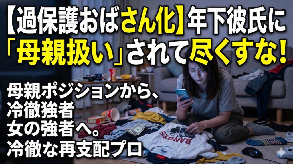 散らかった部屋で年下彼氏の洗濯物を畳みながら、絶望的な表情でスマートフォンを見つめる女性