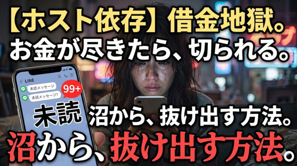 ホストクラブの喧騒とスマートフォンの未読LINE画面を見つめて絶望する女性
