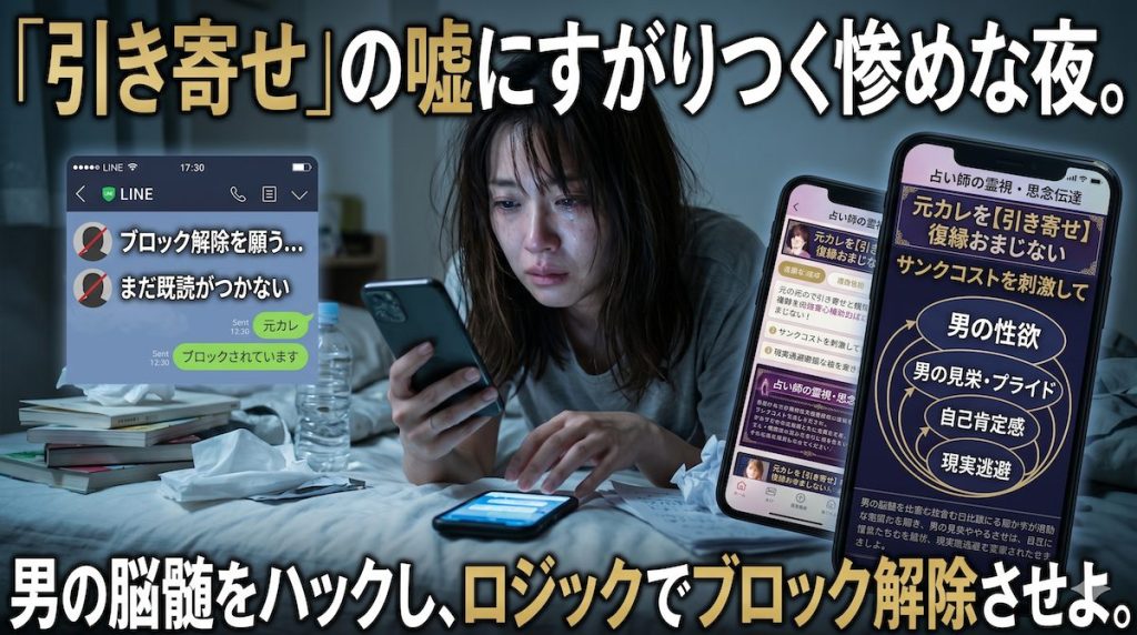 薄暗い部屋で元カレからのLINEブロック解除を願い、占いや引き寄せの法則の画面を見つめる女性の姿