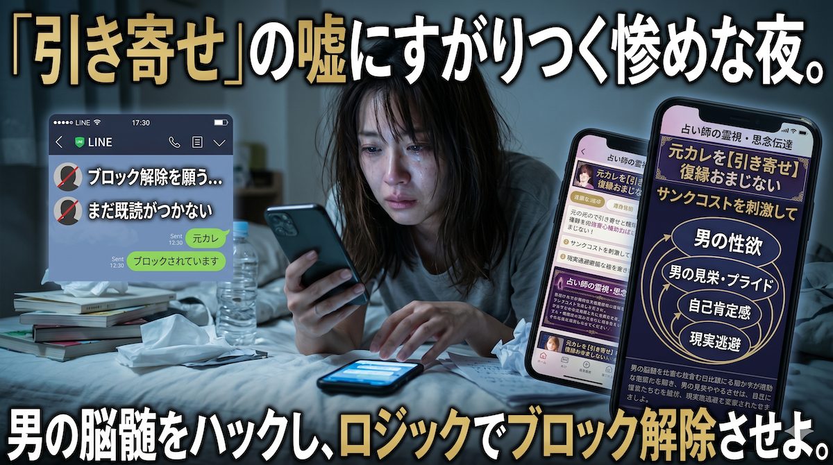 薄暗い部屋で元カレからのLINEブロック解除を願い、占いや引き寄せの法則の画面を見つめる女性の姿