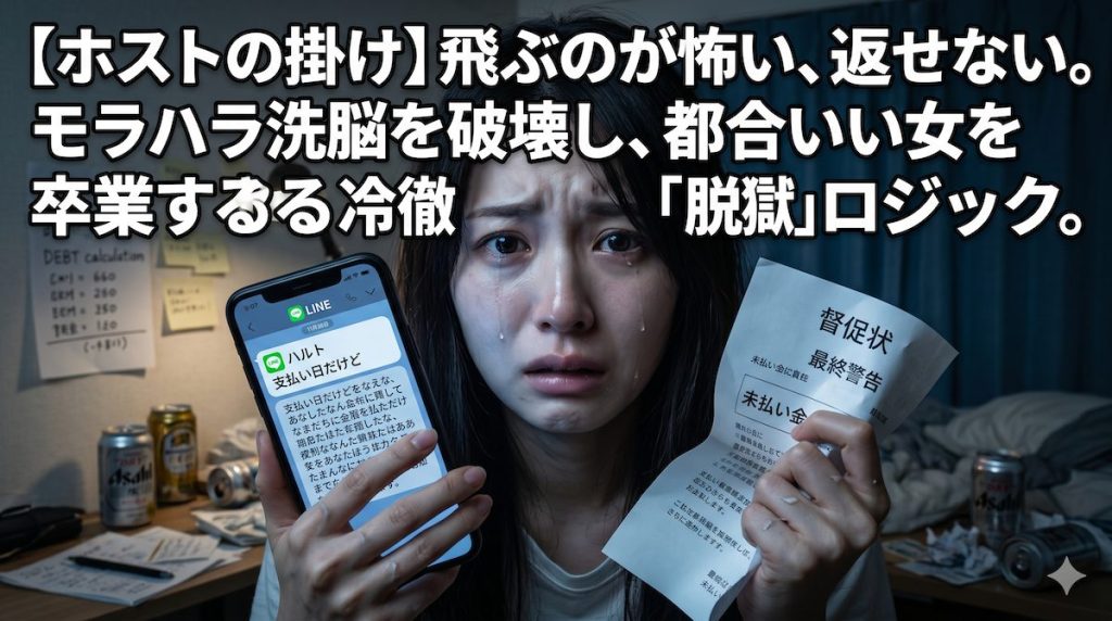 支払い日を知らせる担当ホストからのLINE通知に怯え、薄暗い部屋で督促状を握りしめる女性の姿