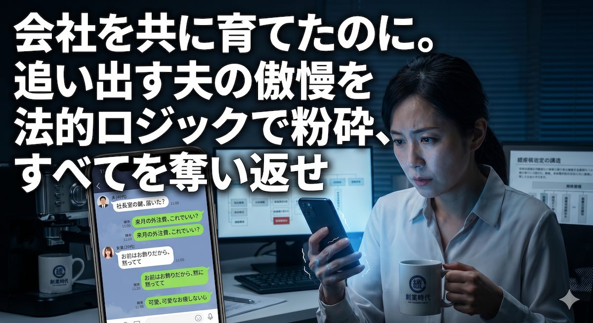 夫婦で起業した会社のデスクで夫と若い愛人の親密なチャット画面を震える手で見つめる共同創業者の妻